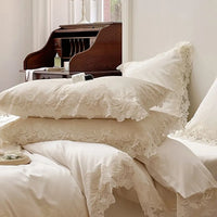 VAIGE 4/7Pcs Romantic White Lace Bedding Set - 1000TC Egyptian Cotton Duvet Cover with Pillowcases & Bed Sheet - Ultra Soft, Breathable, Available in Double, Queen, King Sizes