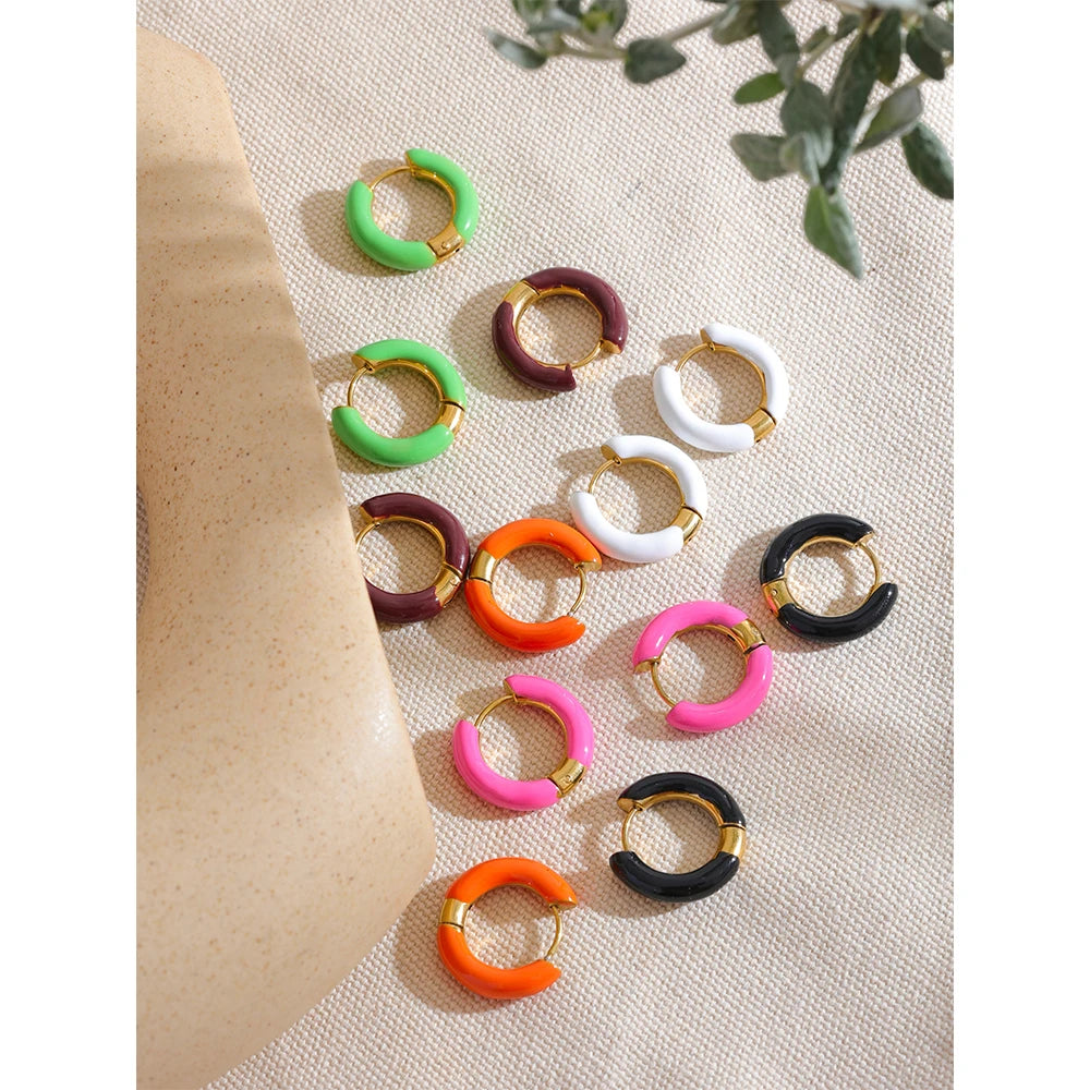 VAIGE 20mm Orange Green Enamel Stainless Steel Round Hoop Huggie Earrings Waterproof Charm Daily Jewelry