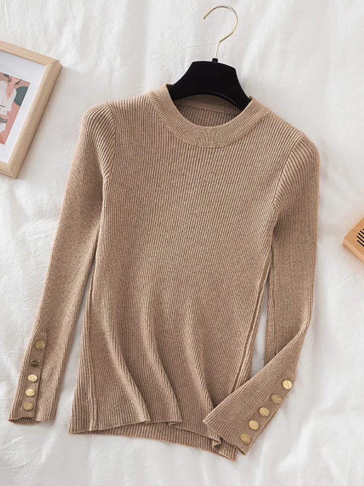 VAIGE Chic Khaki Thick Knit Pullover Sweater with Button O-Neck, Casual Autumn Winter Jumper, Slim Fit, Soft Cotton-Acrylic Blend