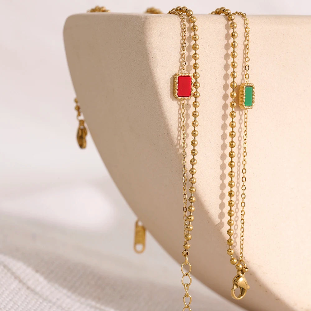 VAIGE Double Chain Green and Red Square Acrylic and Stainless Steel Charm Bracelet with Gold Color Finish