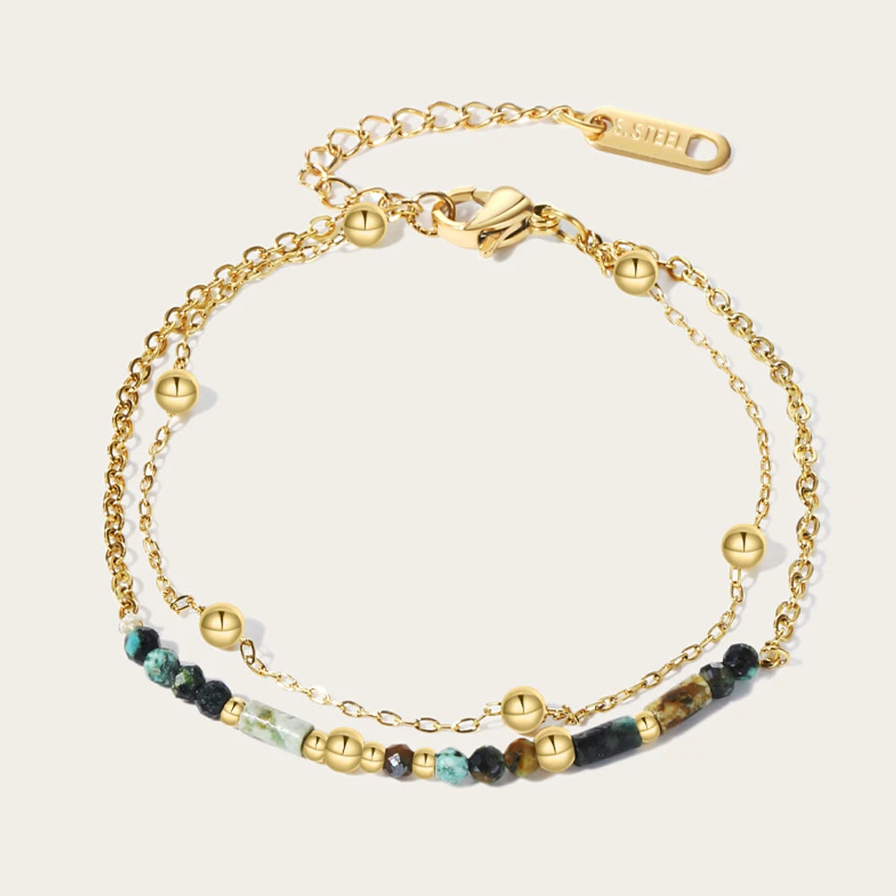 VAIGE 18K Gold PVD Plated Stainless Steel Chain Bracelet with African Turquoise Natural Stone - Trendy Fashion Jewelry Gift