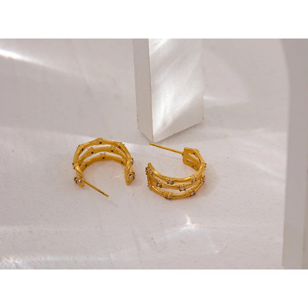 Gold Bamboo Zirconia Open Hoop Stainless Steel Earrings
