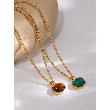 VAIGE Elegant Green Agate & Tiger Stone Gold Pendant Necklace in Stainless Steel