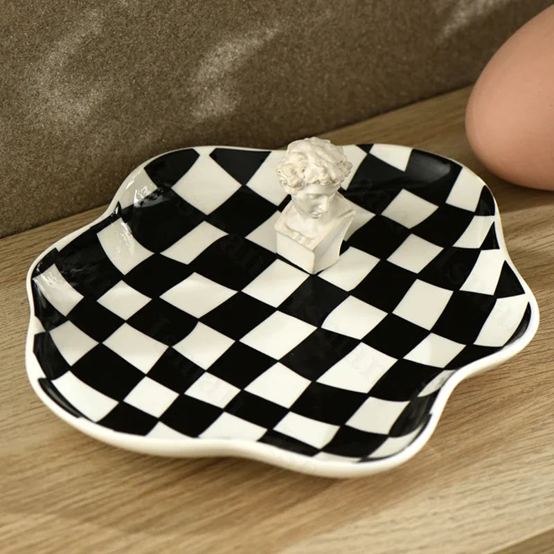 VAIGE Modern Ceramic Checkerboard Tray - Black & White Decorative Storage Dish for Jewelry and Desserts