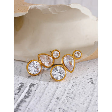 VAIGE Elegant Gold Plated Stainless Steel Geometric Cubic Zirconia Stud Earrings - Trendy Daily Fashion Jewelry Gift