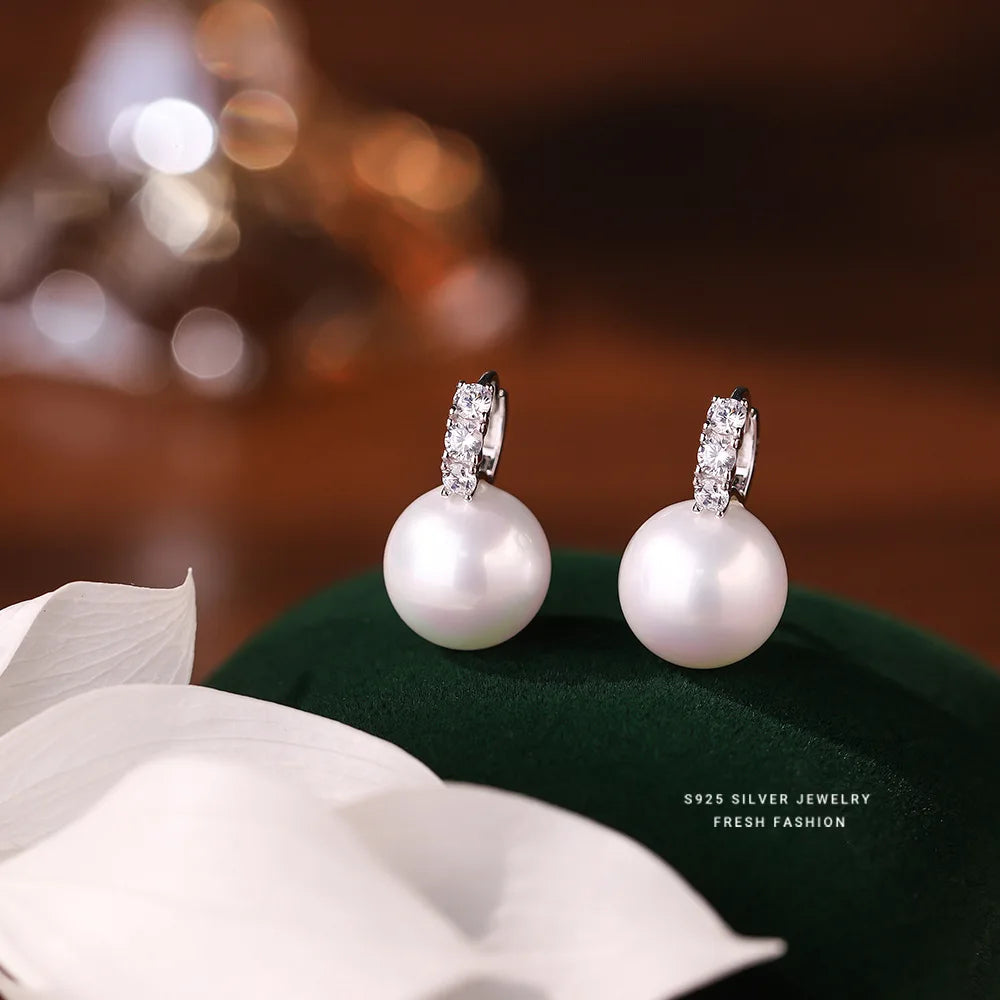 VAIGE 925 Sterling Silver Inlay Zircon Shell Pearl Earrings Elegant Jewelry