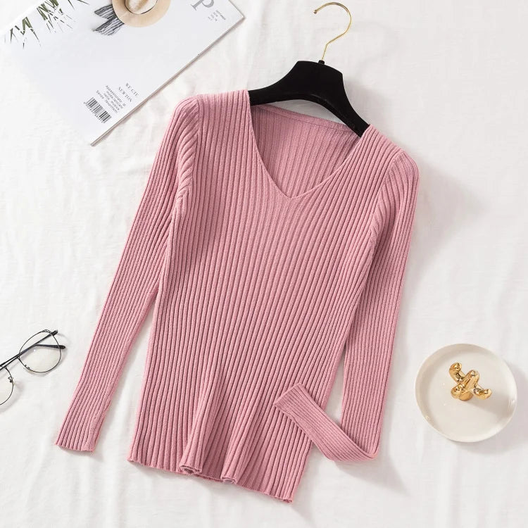 VAIGE Casual Knitted V Neck Pullover Sweater - Long Sleeve, Solid Jersey Top, High Stretch Cotton-Polyester Blend for Autumn/Winter