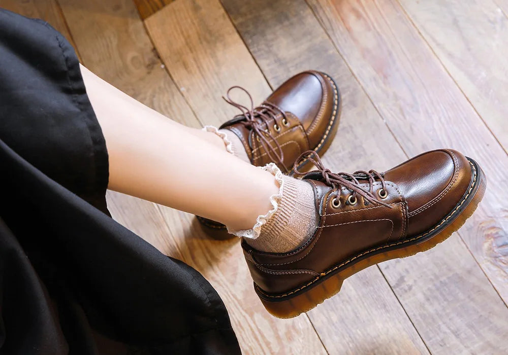 VAIGE Retro Brown Leather Oxfords for Women - Comfortable Round Toe Footwear with Lace-Up Closure and Low Square Heel