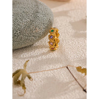 VAIGE Colorful Zirconia Flower Ring - 18K Gold PVD Plated Stainless Steel Fashion Jewelry Accessory