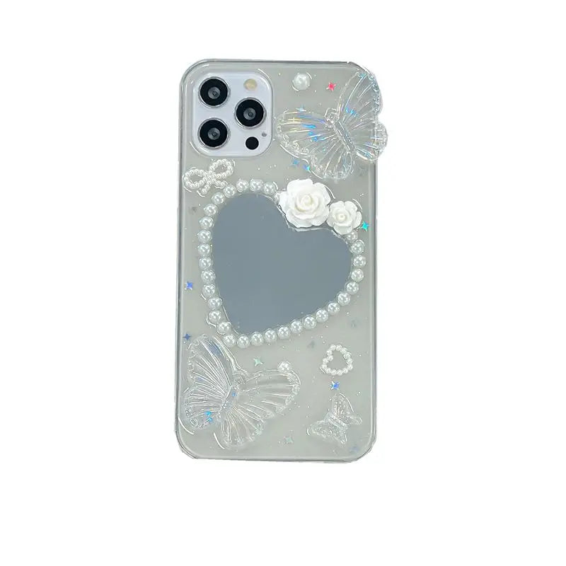 VAIGE 3D Butterfly Pearl Heart Mirror Epoxy Phone Case - Shining Soft Shockproof Cover Compatible with iPhone Models, Lightweight and Anti-Scratch Design