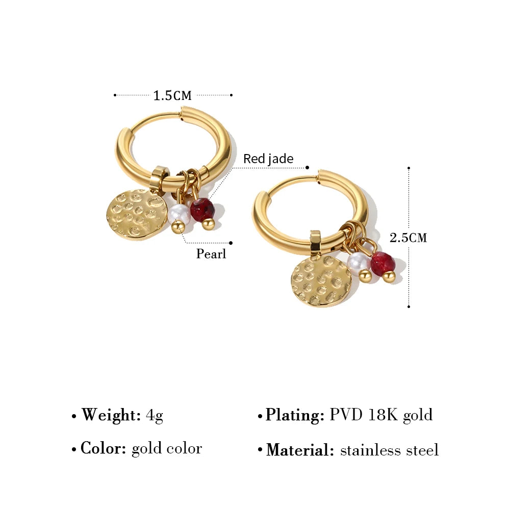 VAIGE 18K Gold Plated Stainless Steel Irregular Texture Hoop Earrings with Natural Stone Charms - Trendy 25mm x 15mm Fashion Jewelry