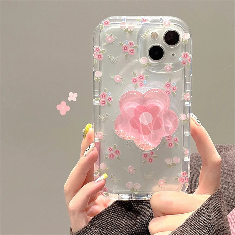 VAIGE Quicksand Pink Floral Holder Phone Case for iPhone Series - Clear Soft Silicone, Anti-Scratch, Shockproof Design