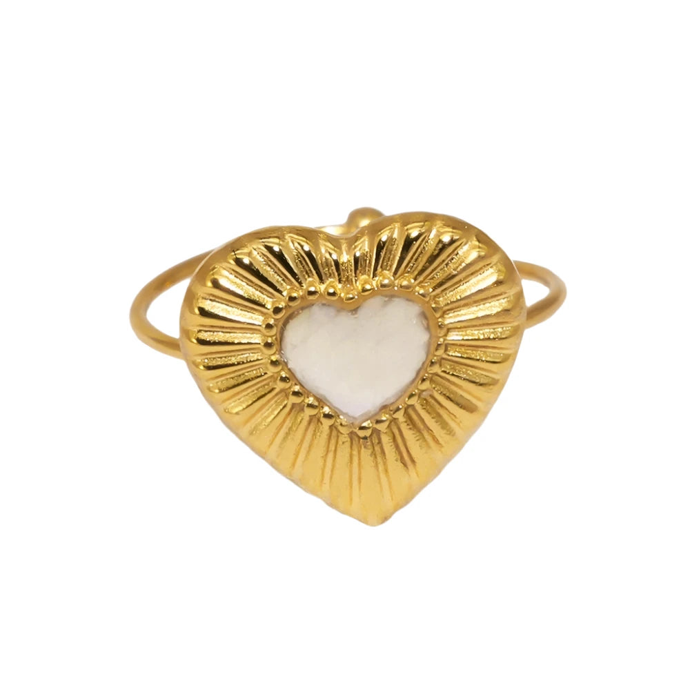 VAIGE 18K Gold Plated Heart Adjustable Stainless Steel Ring with Natural White Shell - Vintage Trendy Cocktail Jewelry