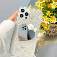 VAIGE 3D Butterfly Pearl Heart Mirror Epoxy Phone Case - Shining Soft Shockproof Cover Compatible with iPhone Models, Lightweight and Anti-Scratch Design