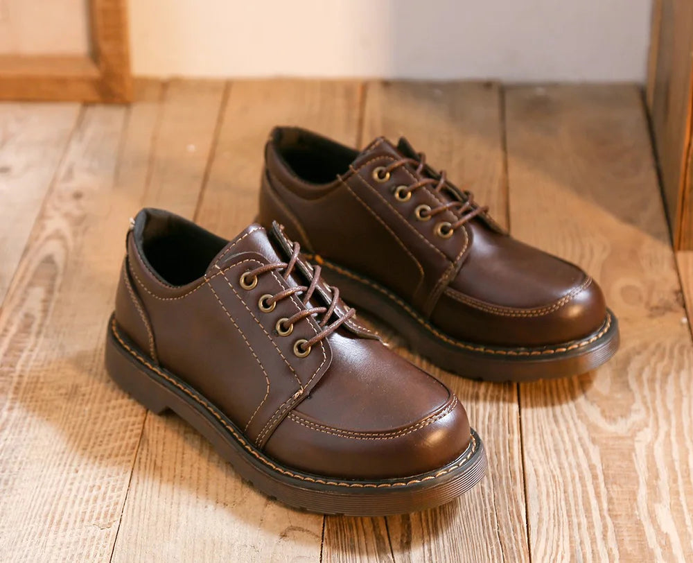 VAIGE Retro Brown Leather Oxfords for Women - Comfortable Round Toe Footwear with Lace-Up Closure and Low Square Heel