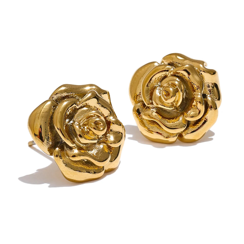 VAIGE   Stainless Steel Rose Flower Waterproof Daily Stud Earrings Stylish Texture Gold Color Plated Jewelry Bijoux