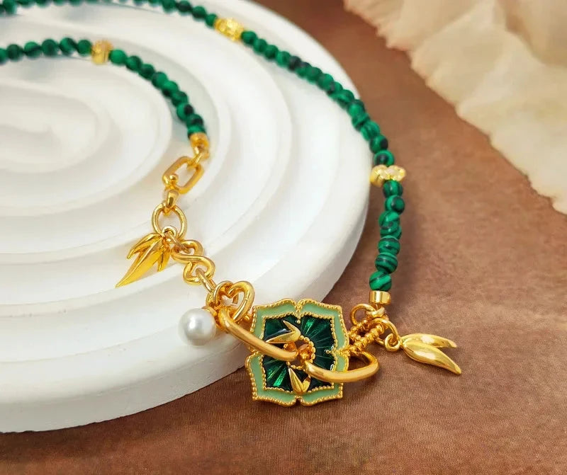 VAIGE Elegant Green Composite Stone & Gold Necklace with Vintage Charm