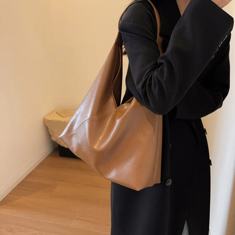 VAIGE Simple Large Leather Shoulder Hobo Bag with Cell Phone Pocket and Soft Baguette Shape