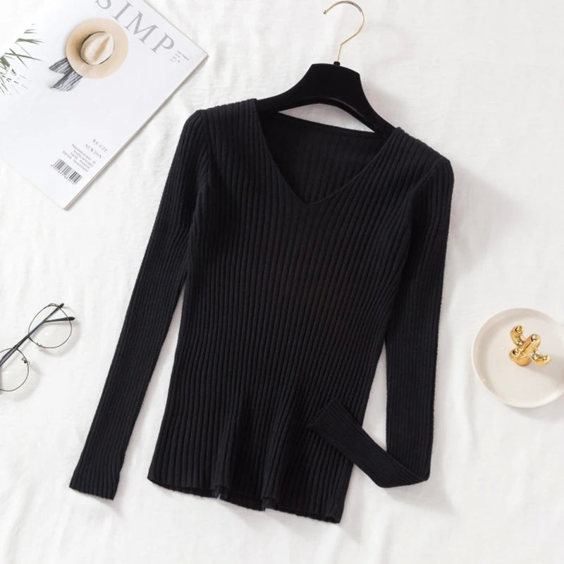 VAIGE Casual Knitted V Neck Pullover Sweater - Long Sleeve, Solid Jersey Top, High Stretch Cotton-Polyester Blend for Autumn/Winter