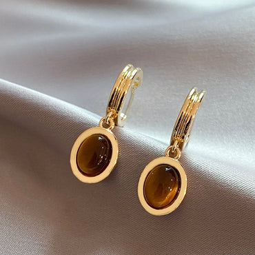 VAIGE Geometric Gold Plated Tiger Eye Drop Earrings in Rich Brown