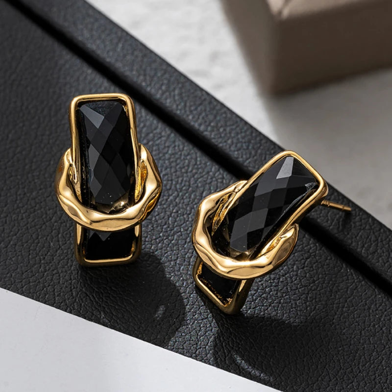 VAIGE Chic Black Geometric Rectangle Metal Earrings