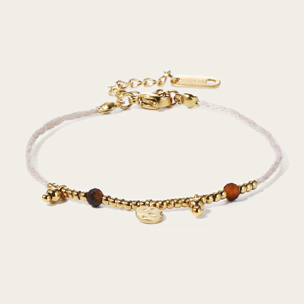 VAIGE Vintage Natural Stone & Stainless Steel Charm Bracelet with Brown Beads - Trendy Aesthetic Jewelry