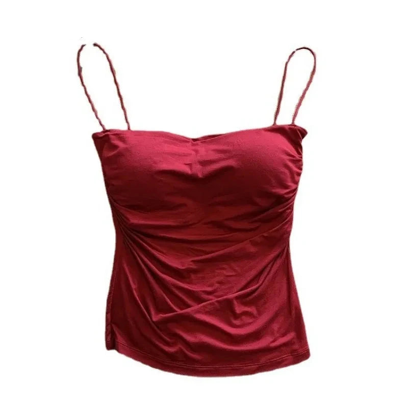 VAIGE Solid Color Spaghetti Strap Tank Top with Built-in Bra, Casual Summer Camisole, Polyester Blend, Regular Length