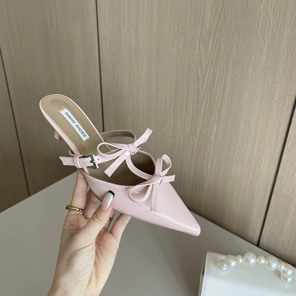 VAIGE Casual Slip-On Mules with Pointed Toe, Bow Design, Patent Leather Upper, Low Thin Heels, Available in Black, White, Pink, Sizes 35-39