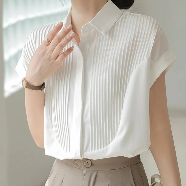 VAIGE Summer White Blouse with Flying Sleeves and Turn-Down Collar, Single-Breasted Button-Up, Casual Style, Polyester Material, Regular Fit