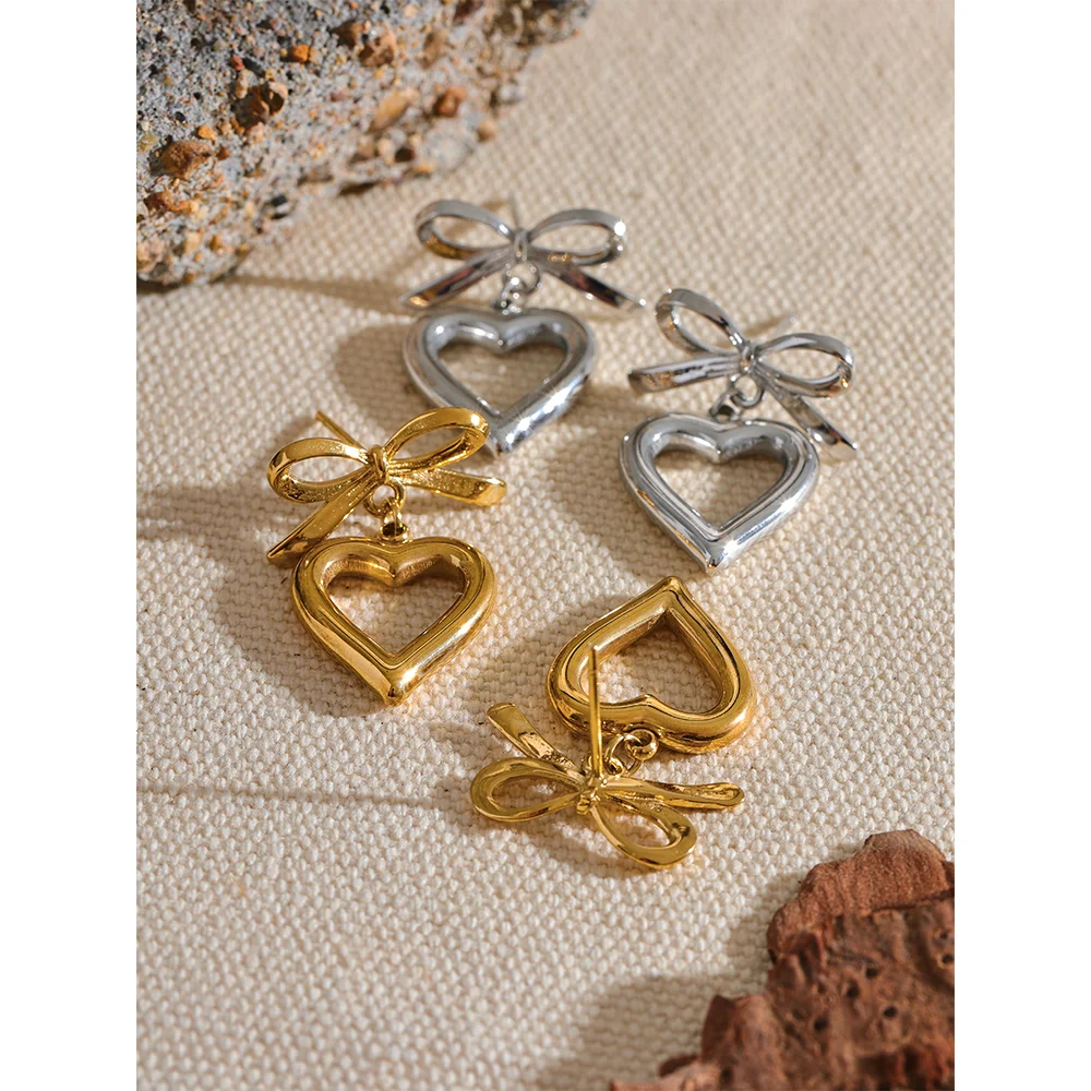 Bow and Heart Dangle Stainless Steel Earrings