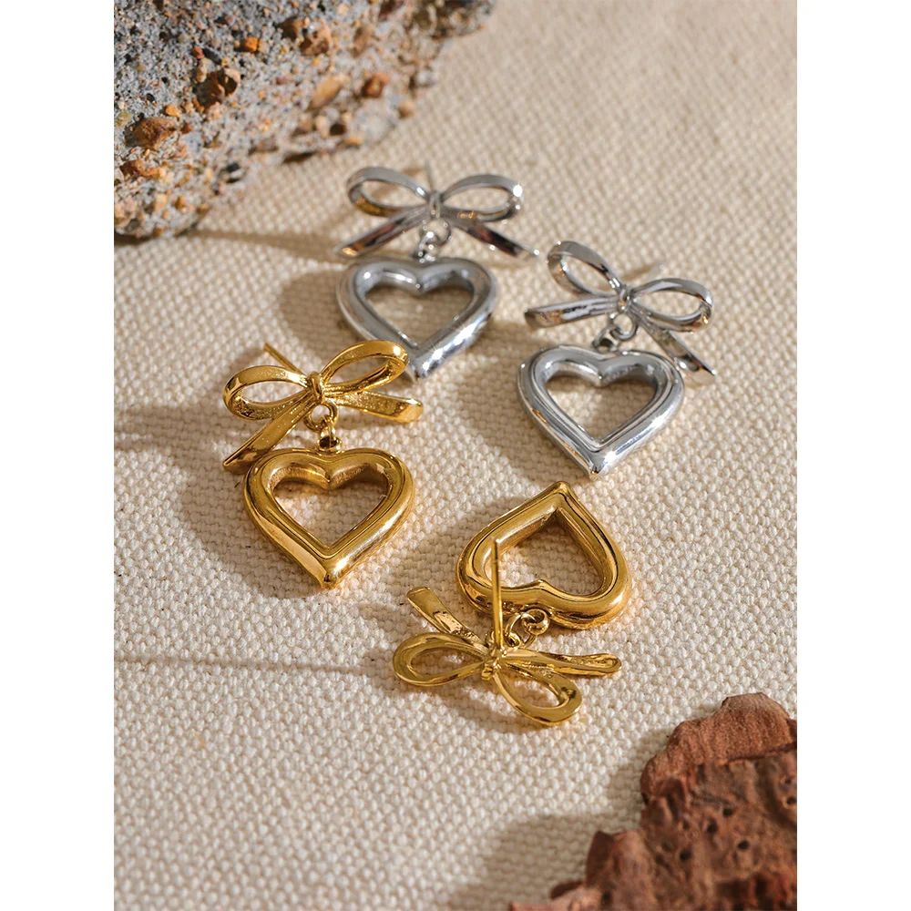 VAIGE Elegant Gold Bow Heart Dangle Earrings in Stainless Steel