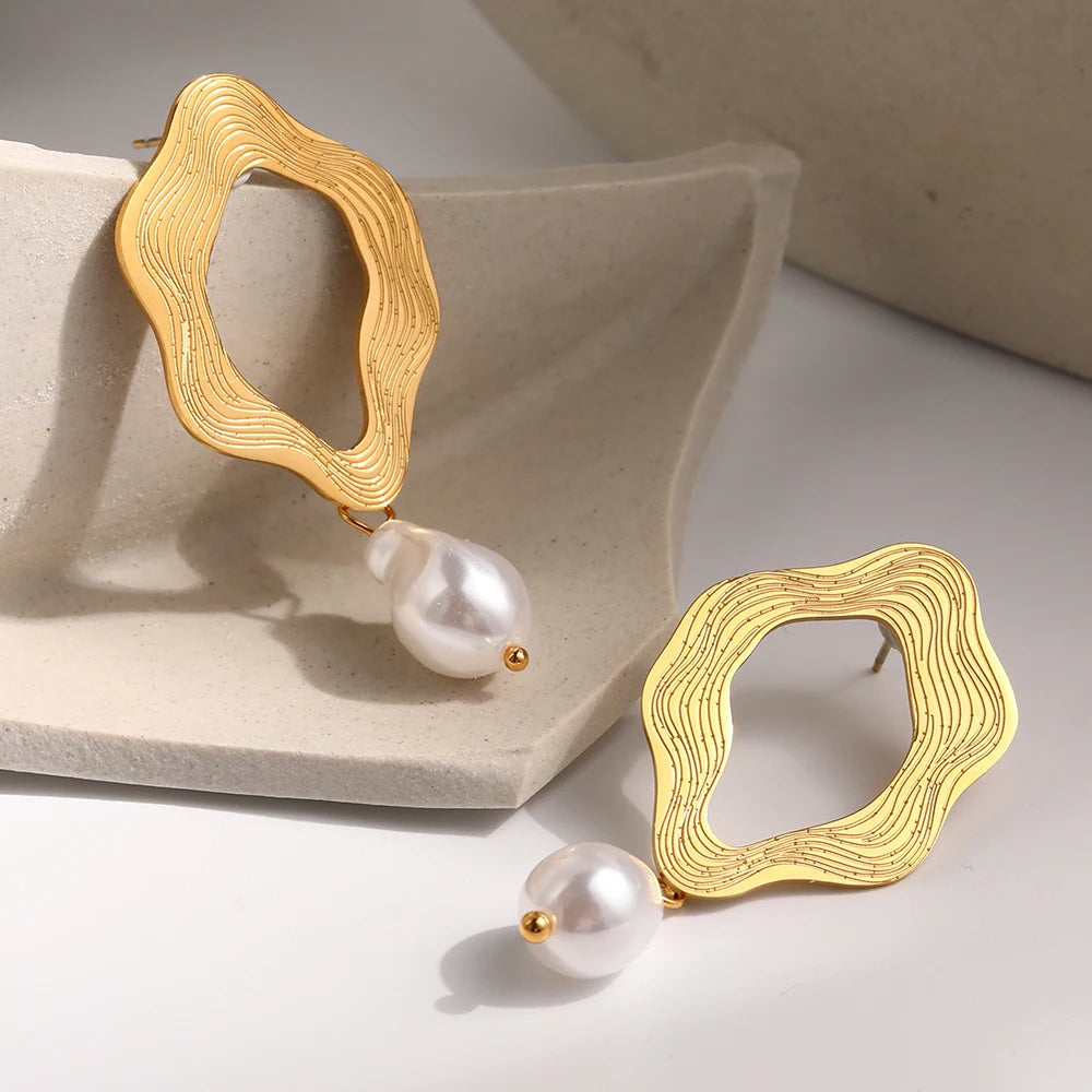 VAIGE Irregular Stainless Steel Drop Earrings with 18K Gold Plating and Baroque Pearl Charm - Luxury Waterproof Jewelry