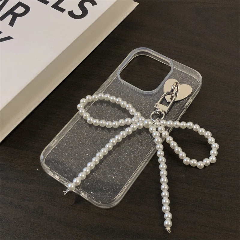 VAIGE Stylish 3D Pearl Bow Pendant Clear Glitter Case for iPhone Pro Max and XR - Shockproof Soft TPU Cover