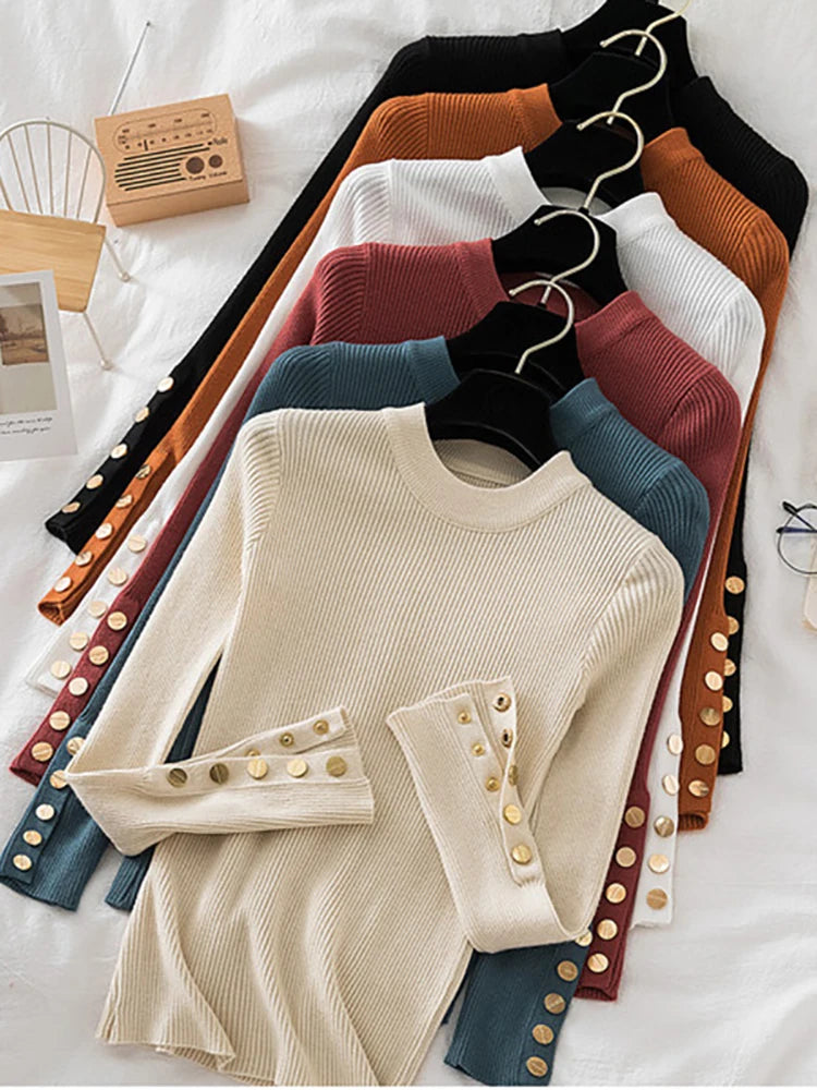 VAIGE Chic Khaki Thick Knit Pullover Sweater with Button O-Neck, Casual Autumn Winter Jumper, Slim Fit, Soft Cotton-Acrylic Blend