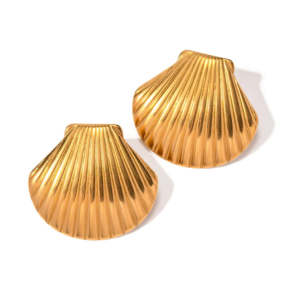 VAIGE Trendy Geometric Stainless Steel Stud Earrings with 18K Gold Plating - Creative Shell Texture Fashion Jewelry Gift