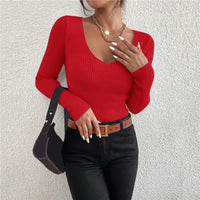 VAIGE Autumn Winter Solid Rib Knit V Neck Stripe Pullover Sweater Long Sleeve Casual Jersey Top