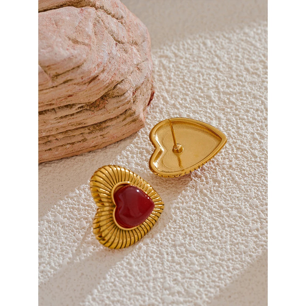 Red Stone Agate Stainless Steel Stylish Heart Stud Earrings