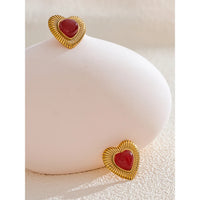 Red Stone Agate Stainless Steel Stylish Heart Stud Earrings