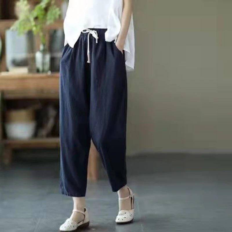 VAIGE Casual Ankle-Length Cotton Linen Pants with Lace-up Waist, Available in Solid Colors and Multiple Sizes