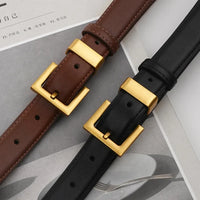 VAIGE Elegant Black Leather Square Gold Buckle Belt