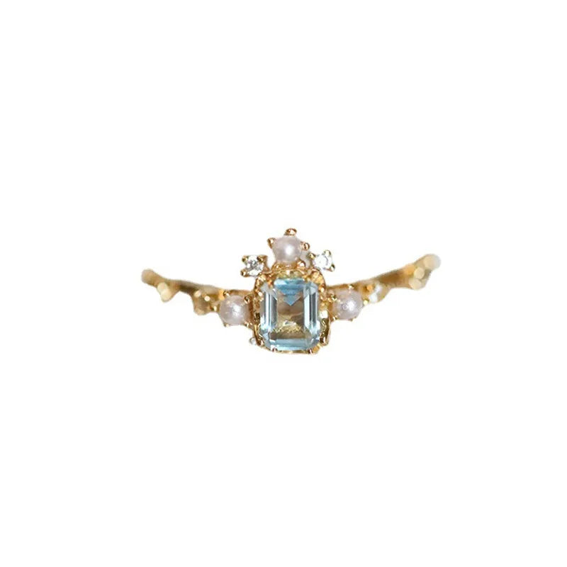 VAIGE Transparent Blue Zircon Pearl Ring in 925 Sterling Silver - High Quality Vintage French Palace Design