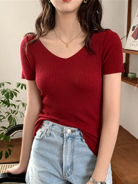 VAIGE Basic V-neck Solid Thin Summer Pullover Knitted Ribbed Sweater Bodycon Short Sleeve Slim Fit