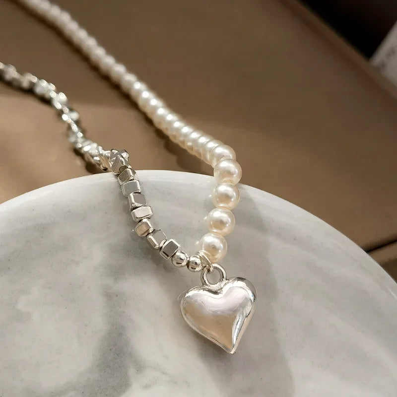 VAIGE Elegant Silver Asymmetrical Pearl Heart Necklace