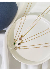 VAIGE Dainty Diamond Oval Zircon Charm Black White Pink Green Necklace Stainless Steel Gold