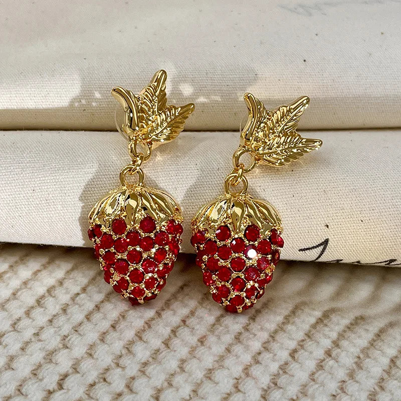 VAIGE Dazzling Red Strawberry Zirconia Gold Plant Drop Earrings