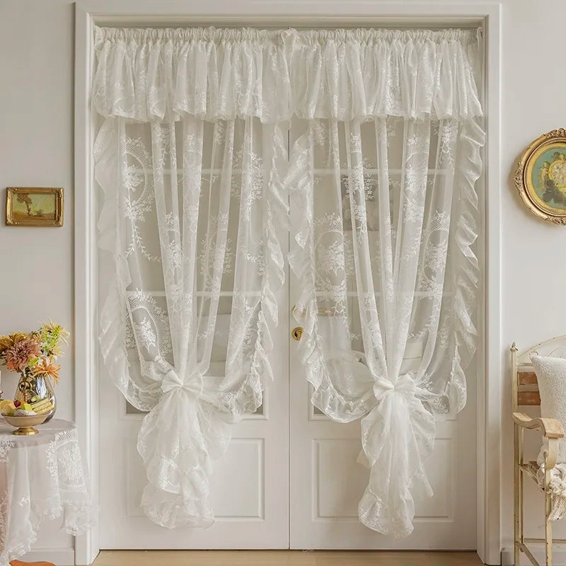 VAIGE Elegant White Embroidered Ruffle Tulle Curtains with Valance for Bedroom and Living Room - Sheer Drapes, Floral Pattern, Translucent Fabric