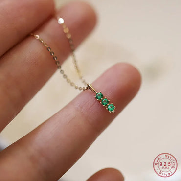 VAIGE 925 Sterling Silver 14k Gold Plated Necklace Retro Green Three Zircon Mini Clavicle Chain Exquisite Jewelry Gift