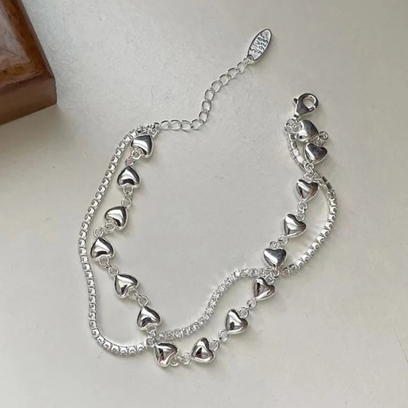 VAIGE Elegant Double Layered Silver Chain Bracelet with Cubic Zirconia