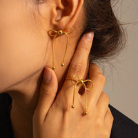 VAIGE Trendy 18K Gold Plated Stainless Steel Bow Tassel Stud Earrings - Fashionable Waterproof Jewelry Gift