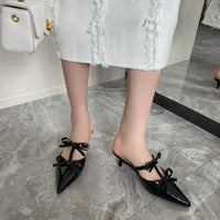 VAIGE Casual Slip-On Mules with Pointed Toe, Bow Design, Patent Leather Upper, Low Thin Heels, Available in Black, White, Pink, Sizes 35-39